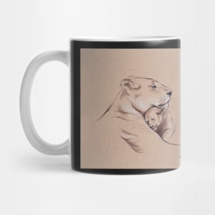 "A Mother's Pride" Lioness and cub original pencil drawing. Mug